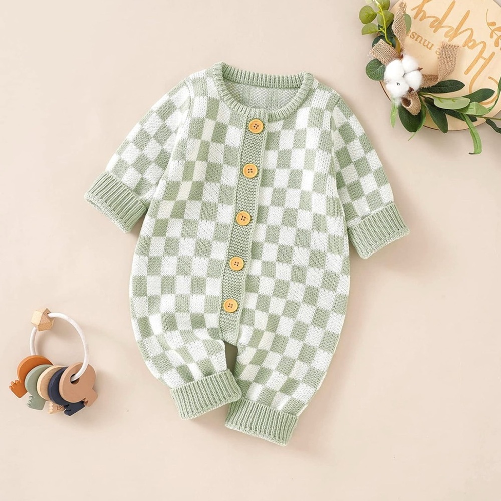 Gender neutral- Checkered Green and White Kids knitted onesie